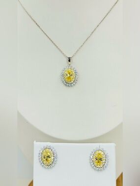 Gorgeous Canary Yellow Sapphire Halo Pendant 18K WG Necklace and Earring Set
